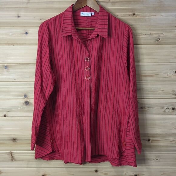 Habitat Top Womens Large Red Black Striped Long Sleeve Blouse Art NWT - Picture 1 of 11